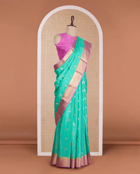 Green zari buttas Mysore silk saree, contrast traditional zari design border, and jaal pallu
