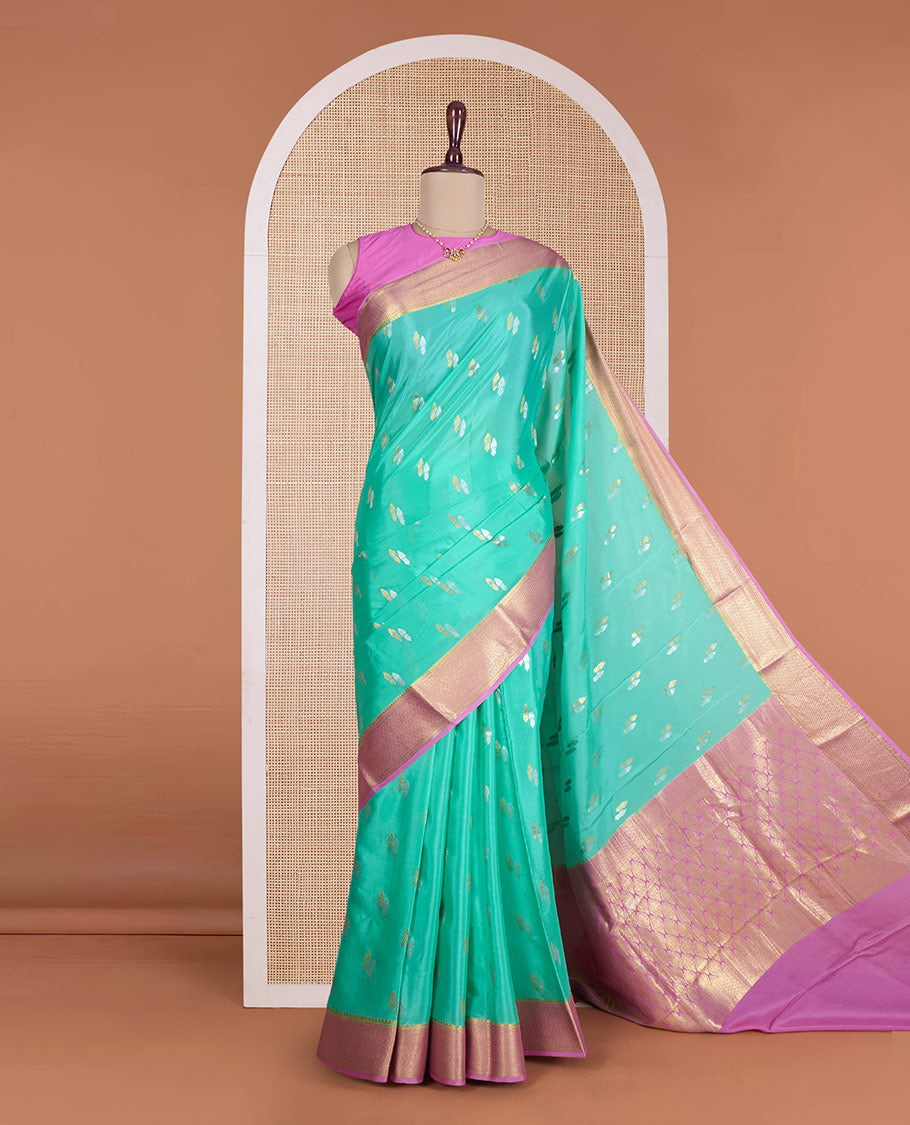 Green zari buttas Mysore silk saree, contrast traditional zari design border, and jaal pallu