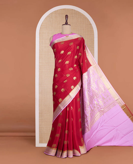 Red elephant zari buttas Mysore silk saree, contrast traditional zari design border, and paisley design pallu