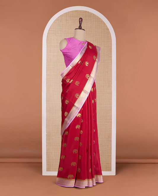 Red elephant zari buttas Mysore silk saree, contrast traditional zari design border, and paisley design pallu