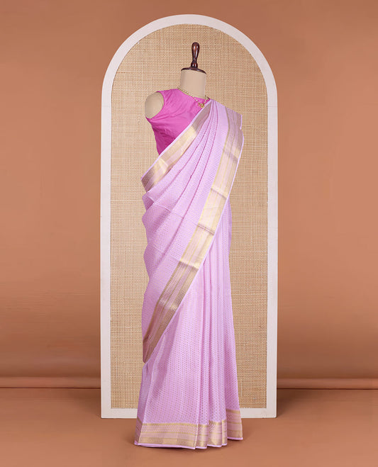 Pink zari buttas Mysore silk saree, traditional zari design border, and pallu steeped with thilakam motifs