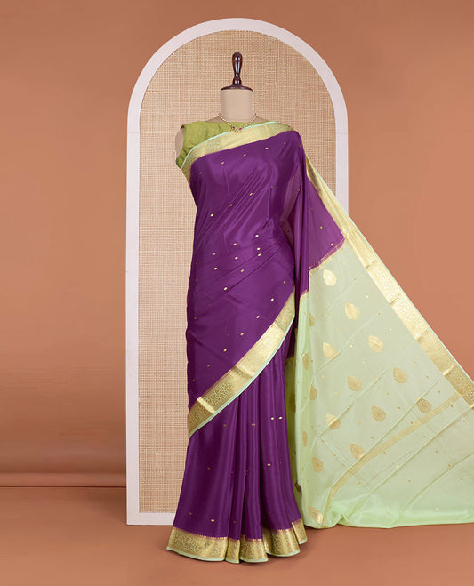 Purple zari buttas Mysore silk saree, contrast floral zari design border, and pallu of zari design