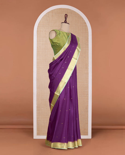 Purple zari buttas Mysore silk saree, contrast floral zari design border, and pallu of zari design