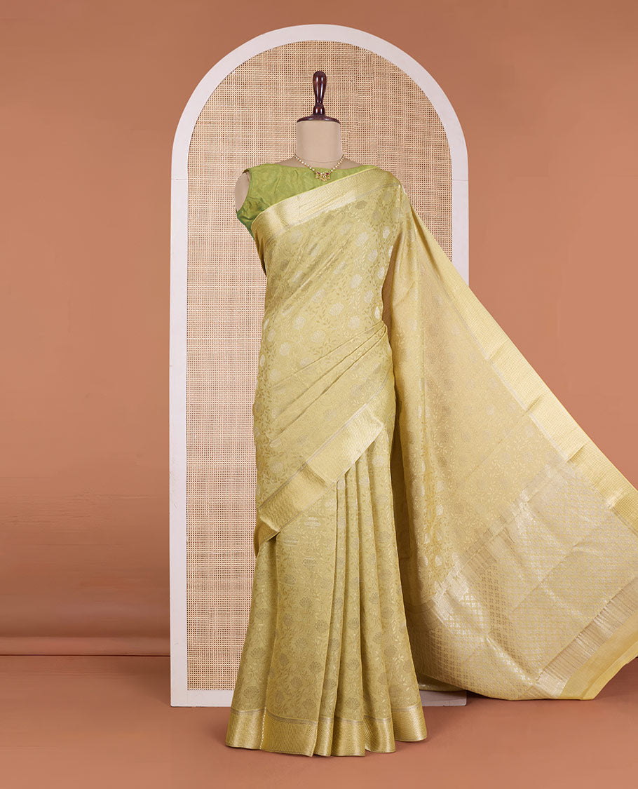 Green floral jacquard Mysore silk saree, traditional zari border, and zari-rich jaal pallu