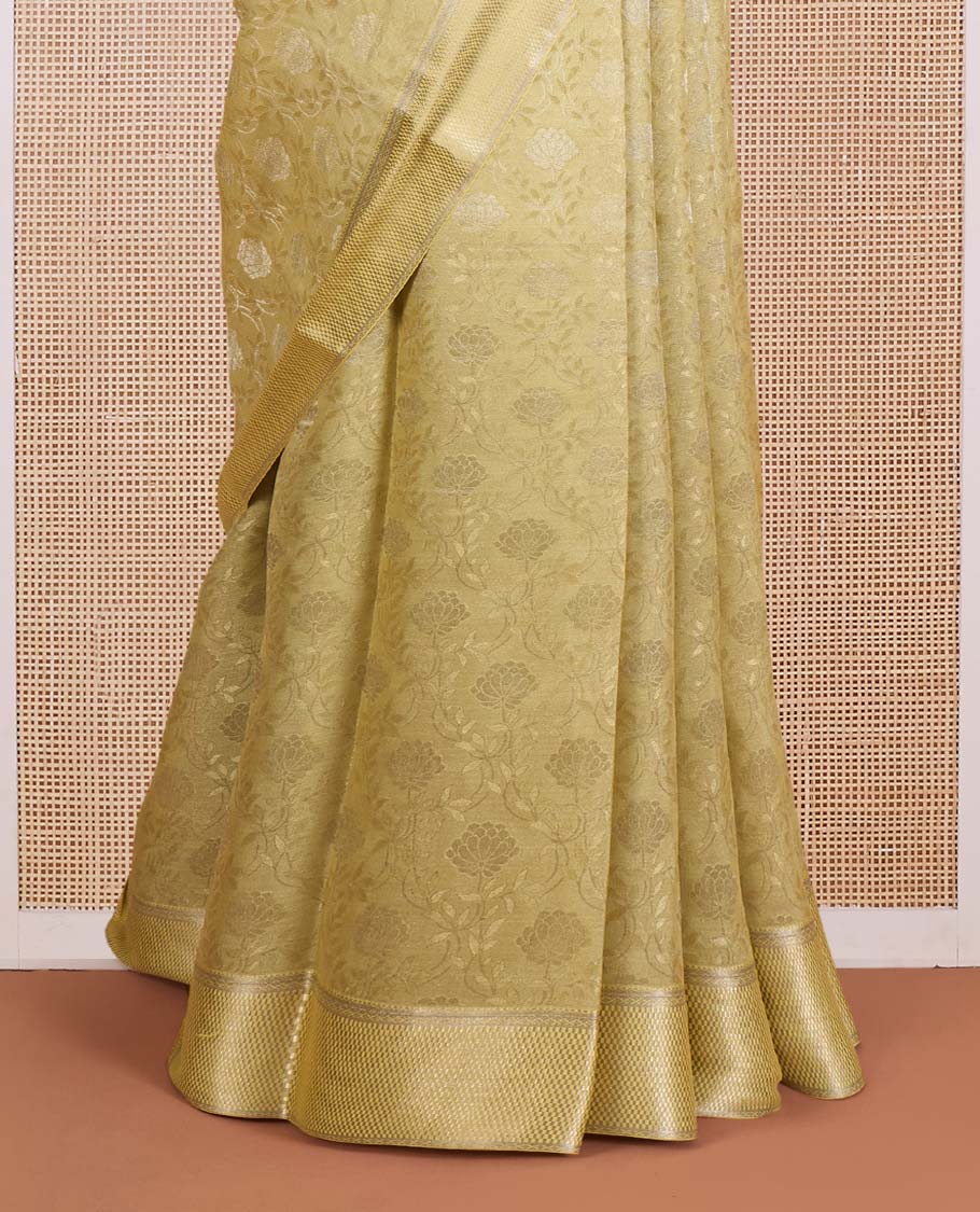 Green floral jacquard Mysore silk saree, traditional zari border, and zari-rich jaal pallu