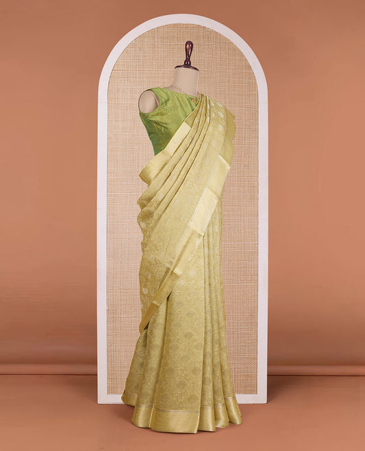 Green floral jacquard Mysore silk saree, traditional zari border, and zari-rich jaal pallu