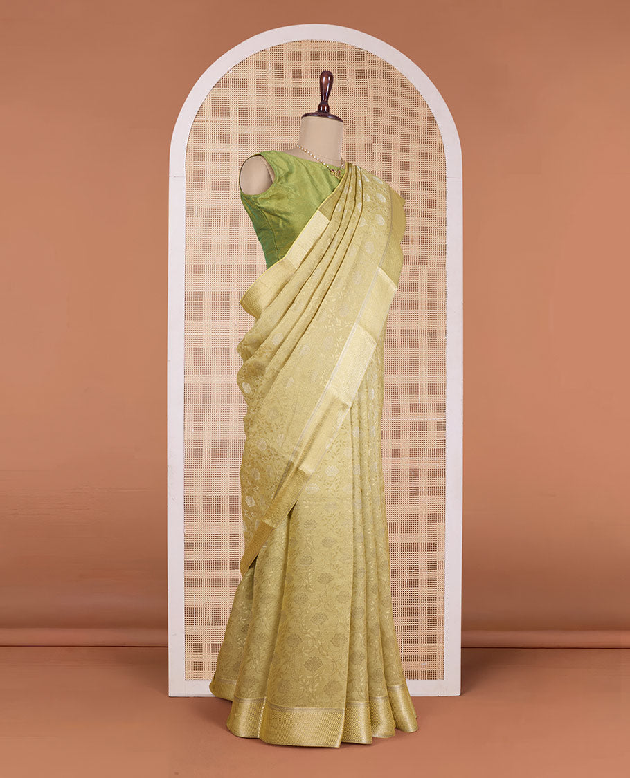 Green floral jacquard Mysore silk saree, traditional zari border, and zari-rich jaal pallu