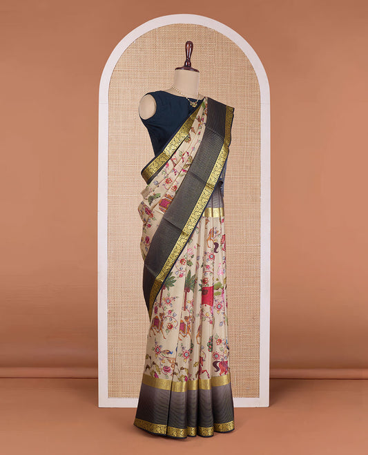 Multi-color floral vine, tree, and camel motifs printed Mysore silk saree, contrast floral creeper zari design border, and pallu of floral designs