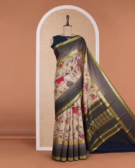 Multi-color floral vine, tree, and camel motifs printed Mysore silk saree, contrast floral creeper zari design border, and pallu of floral designs