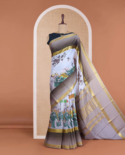 Multi-color floral vine, tree, and camel motifs printed Mysore silk saree, contrast floral creeper zari design border, and pallu of floral designs