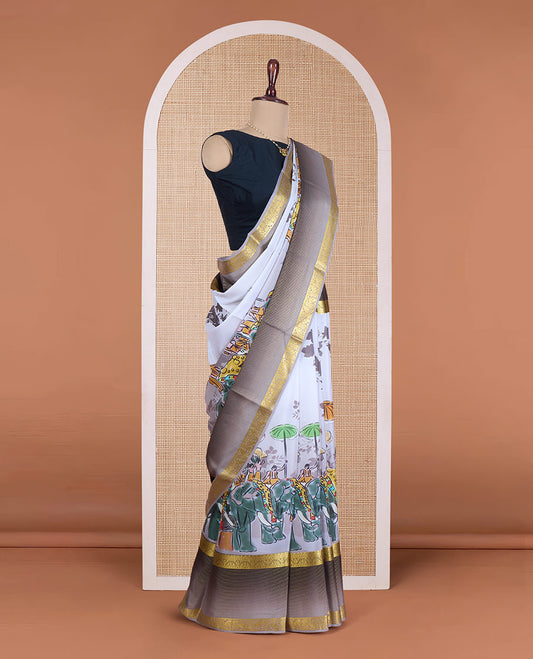 Multi-color floral vine, tree, and camel motifs printed Mysore silk saree, contrast floral creeper zari design border, and pallu of floral designs