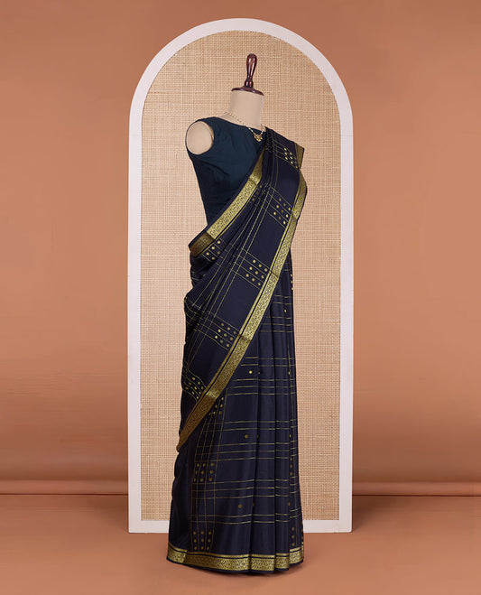 Black kerala festive theme printed Mysore silk saree, contrast floral creeper zari design border, and pallu of floral designs