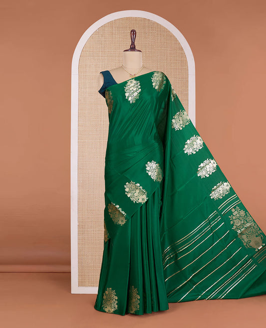 Green zari buttas and checked Mysore silk saree, traditional zari border, and zari design pallu