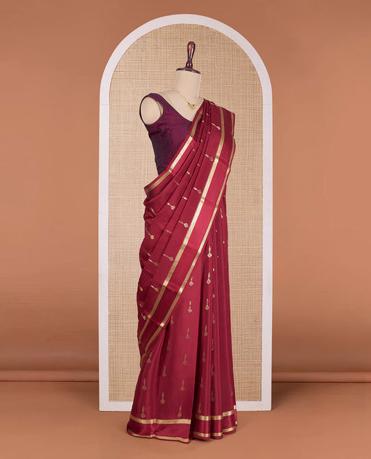 Maroon zari buttas Mysore silk saree, temple zari rettai pettu border, and jaal pallu