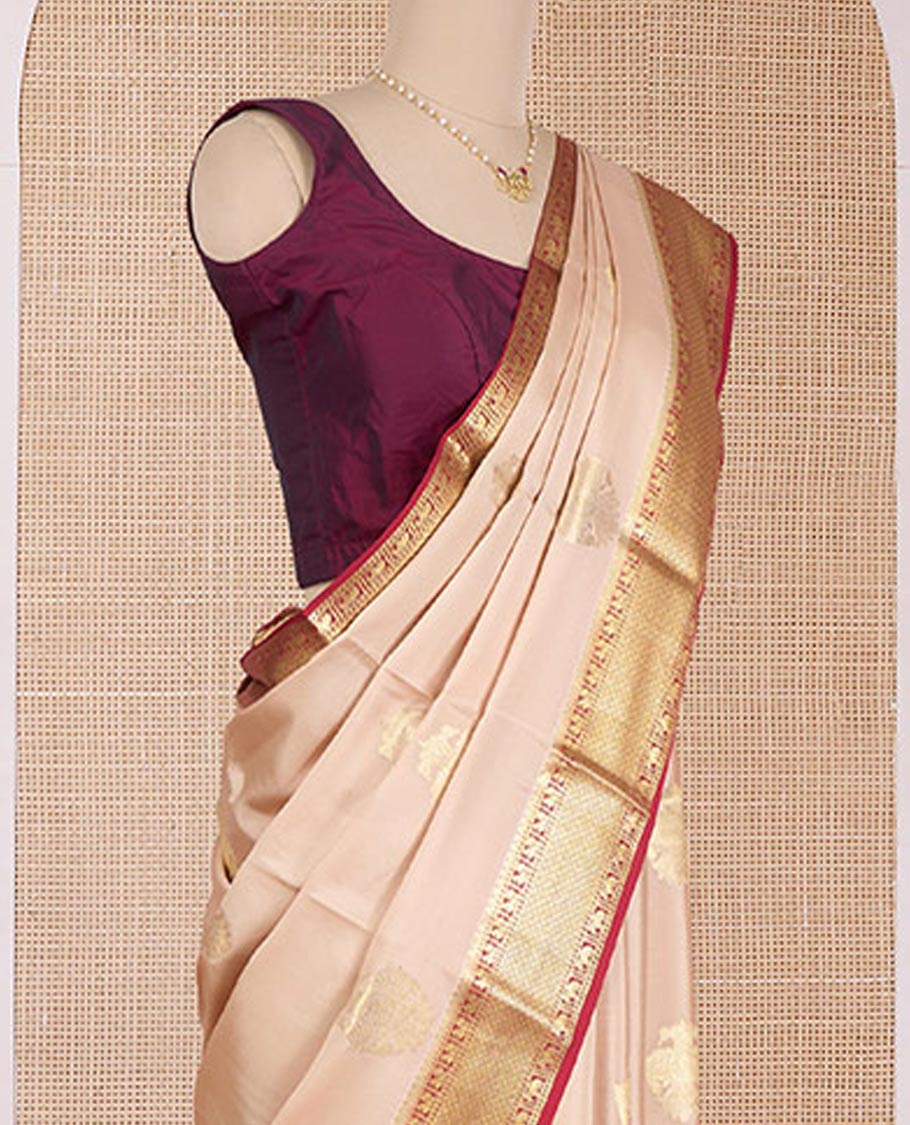 Sandal two-headed eagle motifs zari woven Mysore silk saree, contrast traditional zari woven border, and zari striped pallu