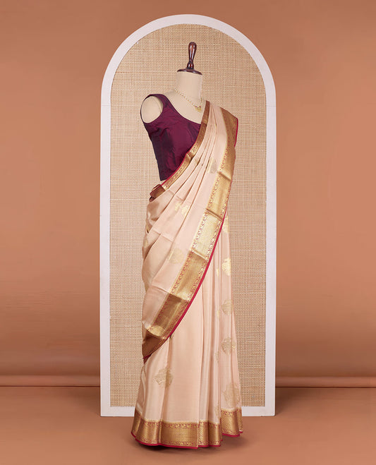 Sandal two-headed eagle motifs zari woven Mysore silk saree, contrast traditional zari woven border, and zari striped pallu
