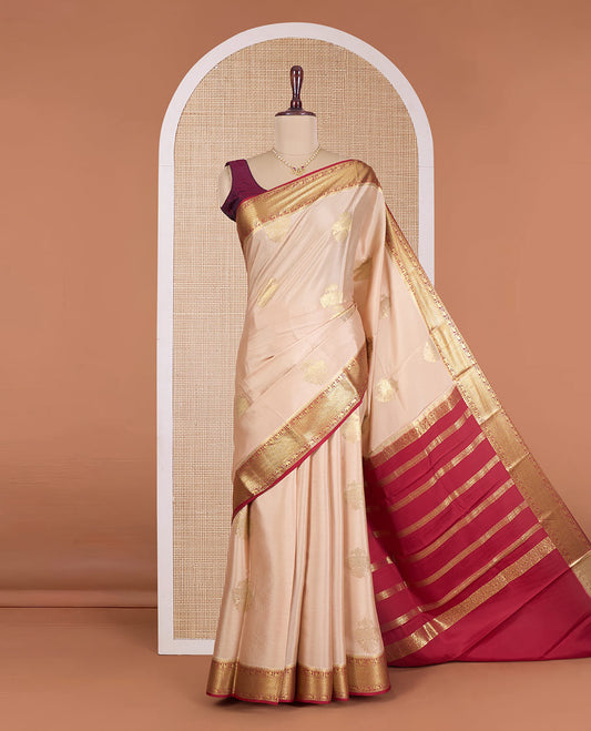 Sandal two-headed eagle motifs zari woven Mysore silk saree, contrast traditional zari woven border, and zari striped pallu
