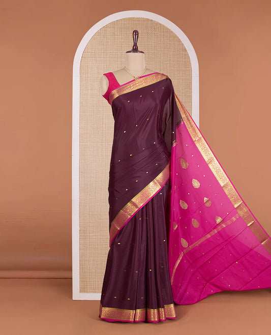 Maroon zari buttas Mysore silk saree, contrast floral design zari border, and zari design pallu