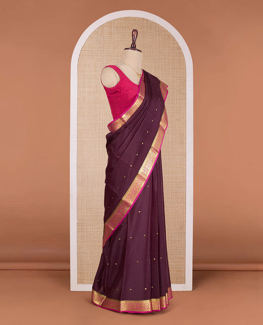 Maroon zari buttas Mysore silk saree, contrast floral design zari border, and zari design pallu