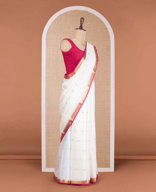 Cream zari buttas Mysore silk saree, contrast traditional zari border, and zari striped pallu