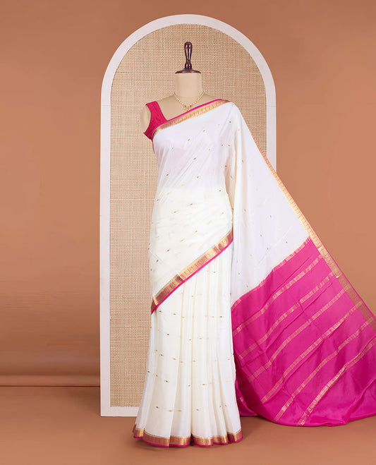 Cream zari buttas Mysore silk saree, contrast traditional zari border, and zari striped pallu