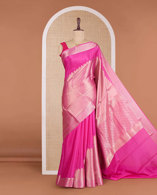 Pink temple jacquard Mysore silk saree, traditional zari design border, and jaal pallu