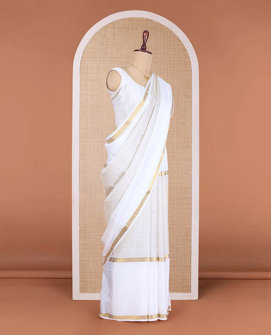 Cream round peacock chakram Mysore silk saree, traditional zari motifs woven border, and pallu of temple designs