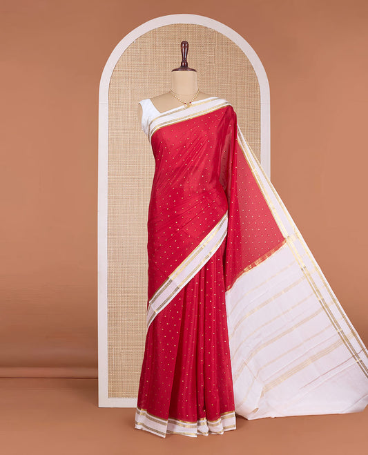 Red zari buttas Mysore silk saree, contrast rettai pettu traditional zari motifs woven border, and zari striped pallu