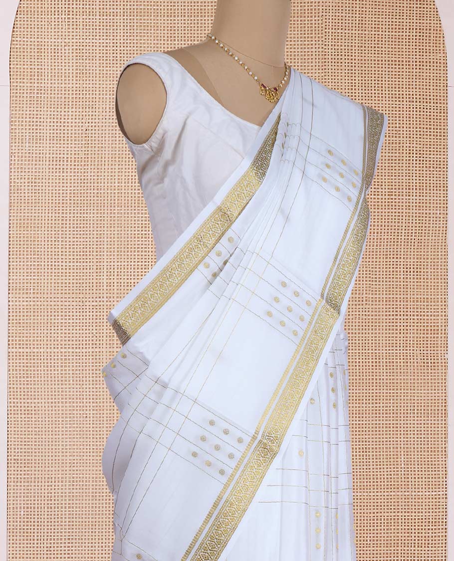 Cream zari buttas and zari checked Mysore silk saree, traditional zari design border, and zari striped pallu