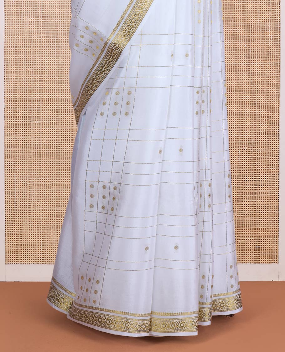 Cream zari buttas and zari checked Mysore silk saree, traditional zari design border, and zari striped pallu