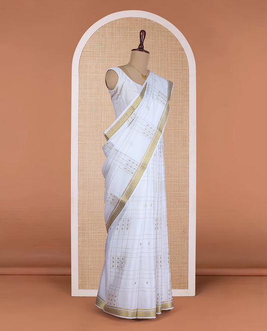 Cream zari buttas and zari checked Mysore silk saree, traditional zari design border, and zari striped pallu