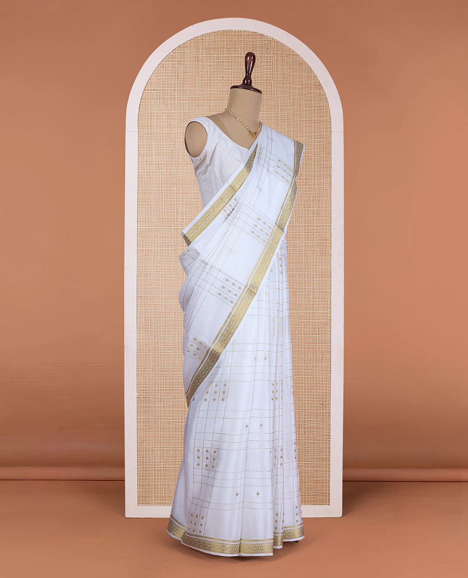 Cream zari buttas and zari checked Mysore silk saree, traditional zari design border, and zari striped pallu