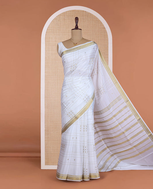 Cream zari buttas and zari checked Mysore silk saree, traditional zari design border, and zari striped pallu