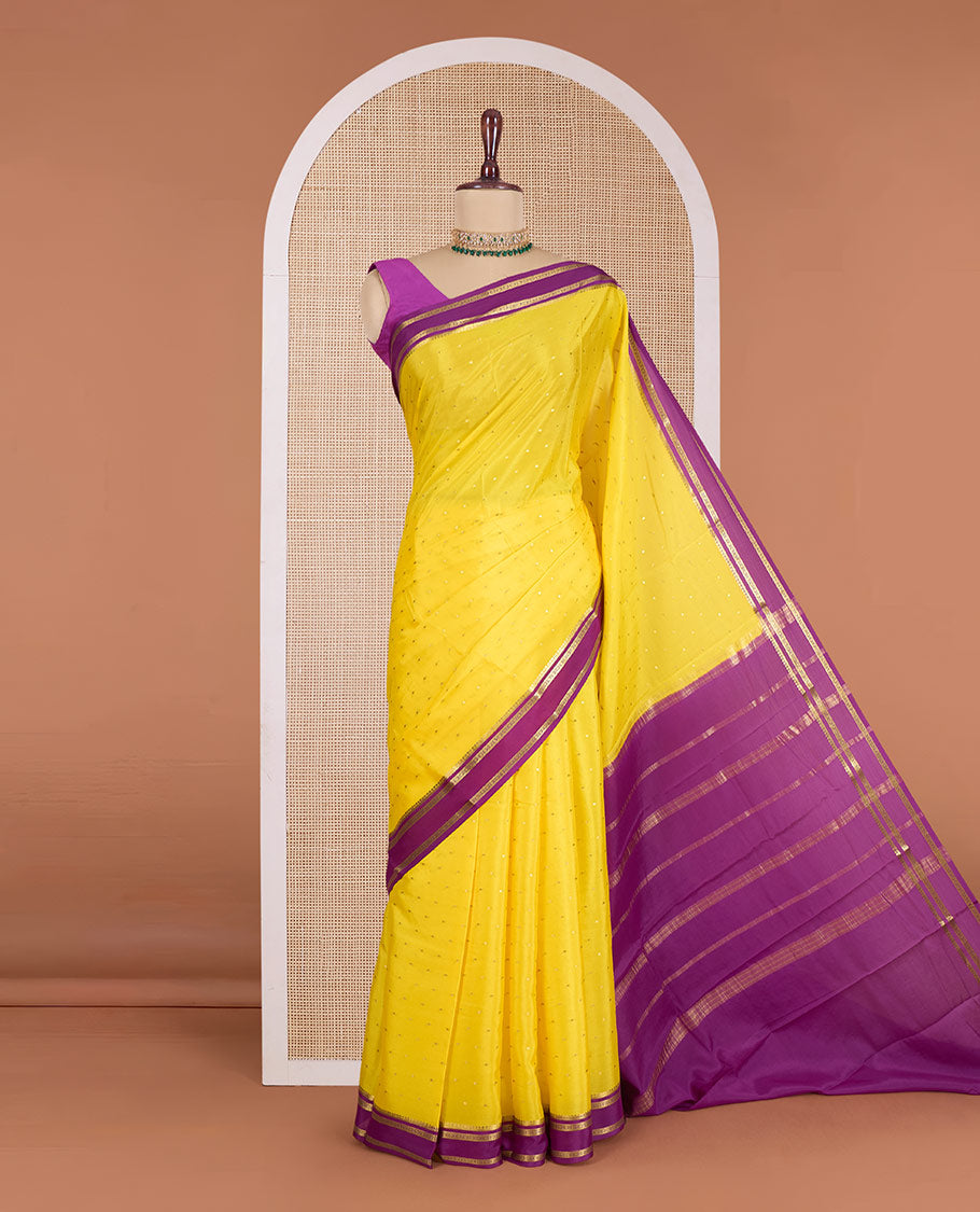 Yellow zari buttas Mysore silk saree, contrast traditioinal zari deisgn border, and pallu of zari designs