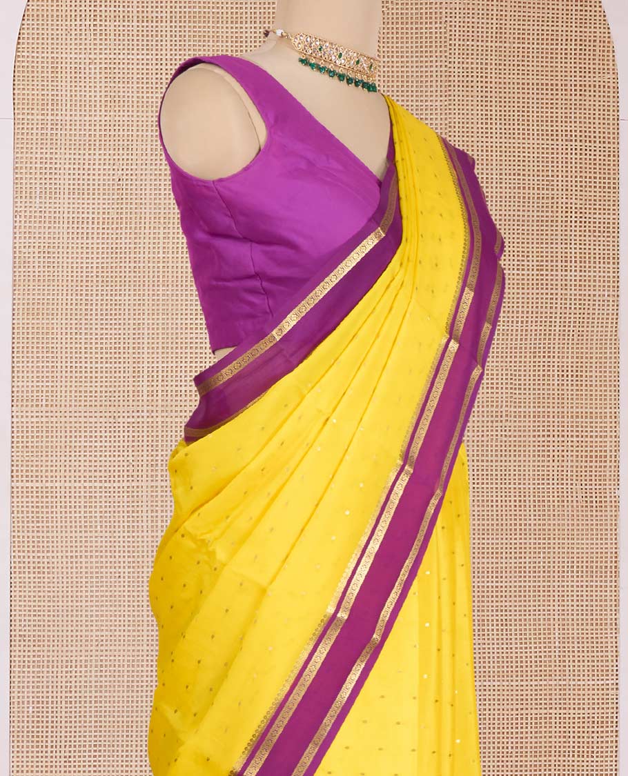 Yellow zari buttas Mysore silk saree, contrast traditioinal zari deisgn border, and pallu of zari designs