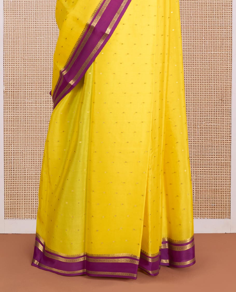 Yellow zari buttas Mysore silk saree, contrast traditioinal zari deisgn border, and pallu of zari designs