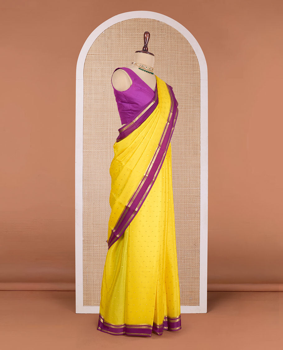 Yellow zari buttas Mysore silk saree, contrast traditioinal zari deisgn border, and pallu of zari designs