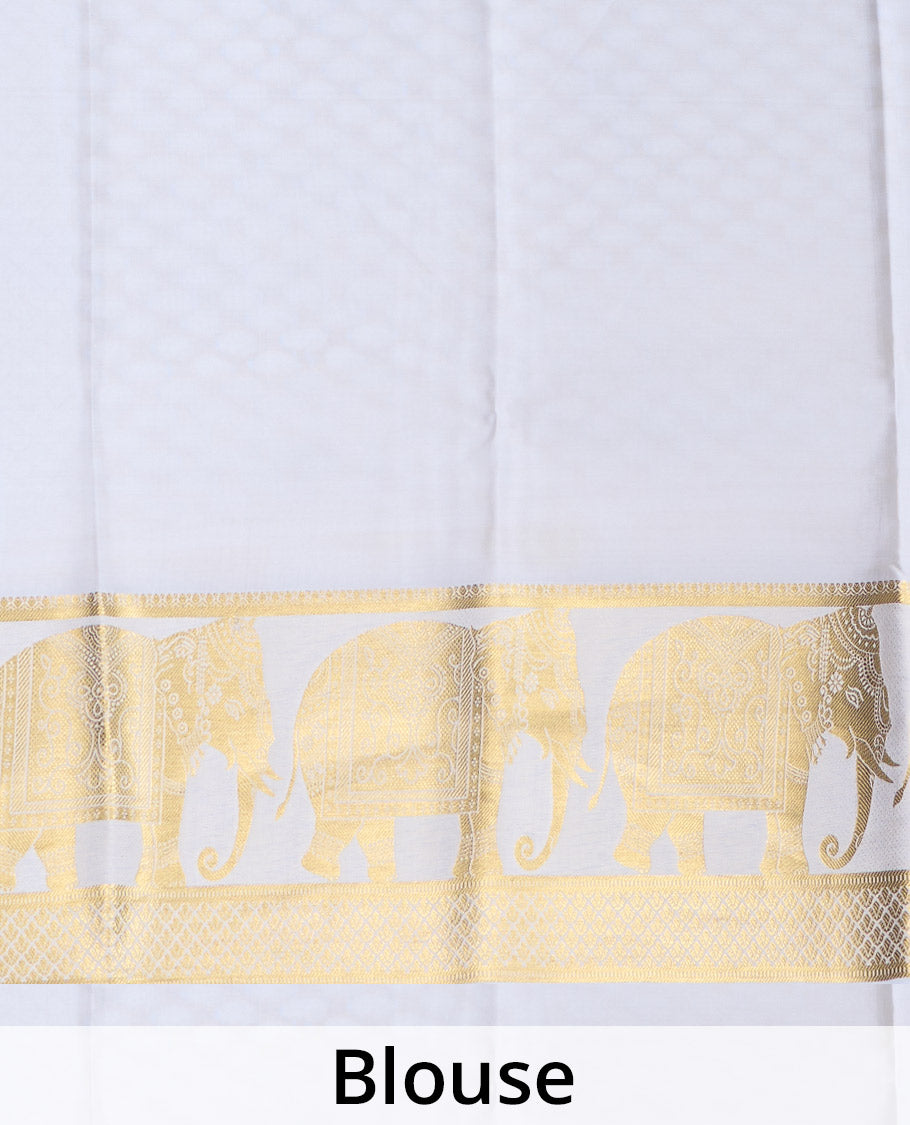 Cream plain Mysore silk saree, traditional zari border of elephant motifs, and pallu steeped with manga designs