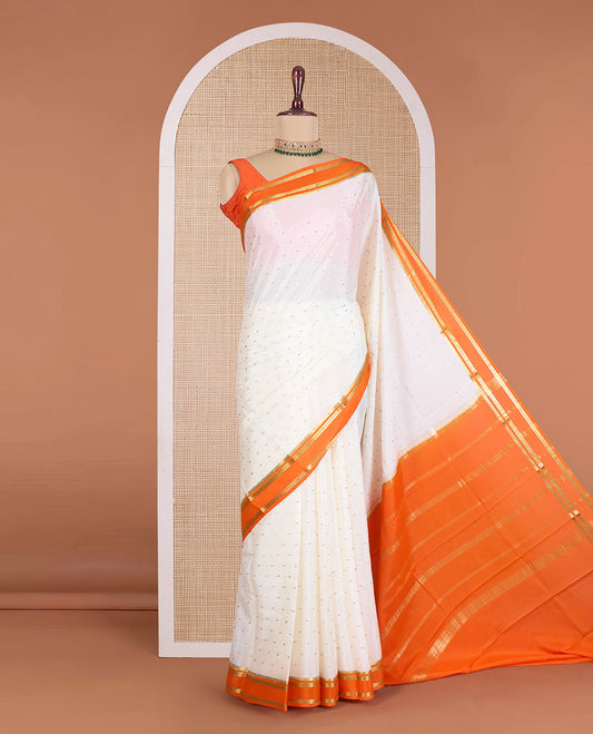 Cream zari buttas Mysore silk saree, contrast traditional zari rettai pettu border, and zari striped pallu