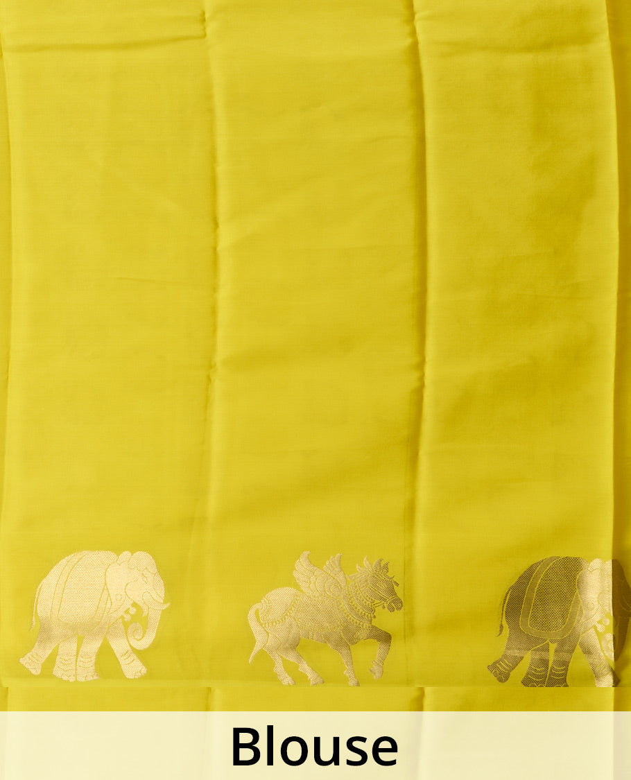 Yellow plain Mysore silk saree, zari border of elephant and kuthirai motifs, and pallu of minature animal motifs