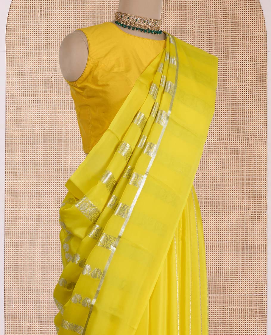 Yellow zari design Mysore silk saree, zari border and pallu of zari designs