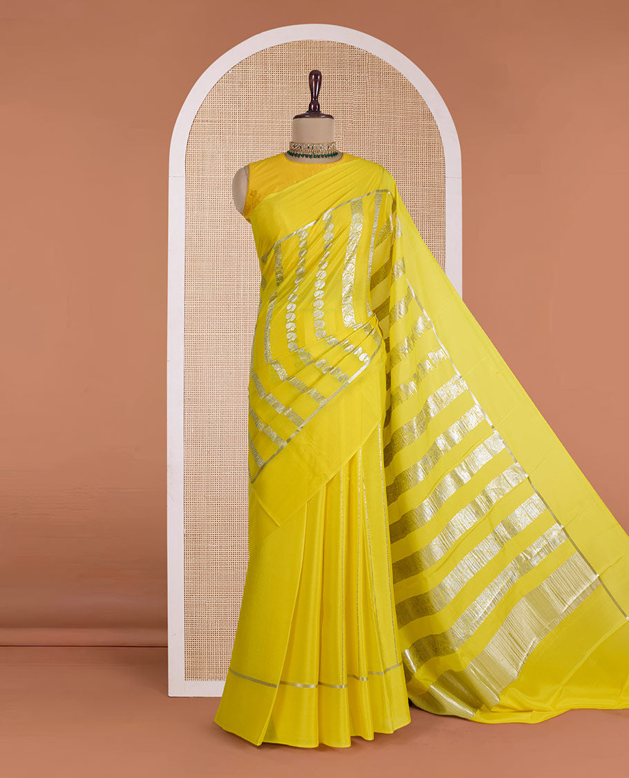 Yellow zari design Mysore silk saree, zari border and pallu of zari designs
