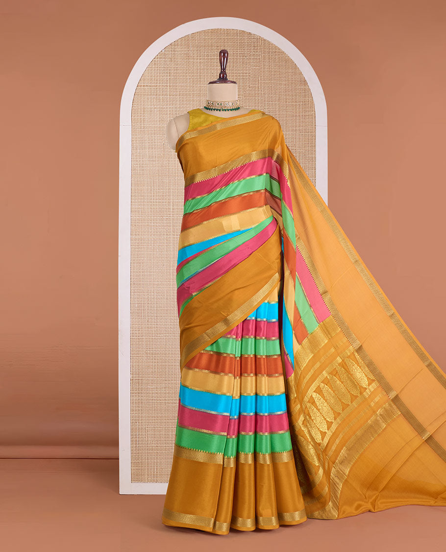Multi-color striped Mysore silk saree with zari stripes, contrast traditional zari rettai pettu border, and intricate pallu