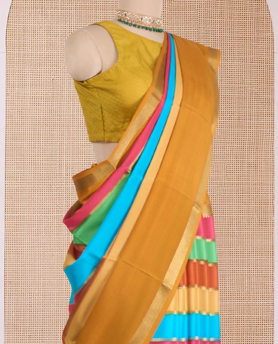 Multi-color striped Mysore silk saree with zari stripes, contrast traditional zari rettai pettu border, and intricate pallu