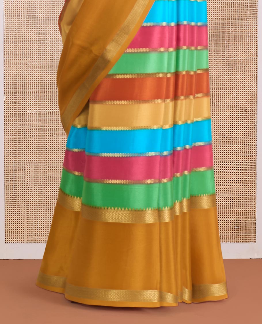 Multi-color striped Mysore silk saree with zari stripes, contrast traditional zari rettai pettu border, and intricate pallu