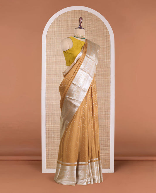 Light mustard zari buttas Mysore silk saree, traditional zari design border, and intricately designed pallu