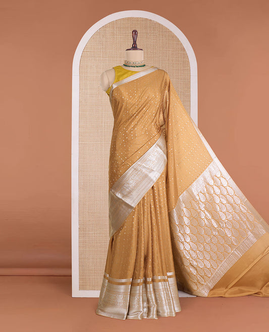 Light mustard zari buttas Mysore silk saree, traditional zari design border, and intricately designed pallu