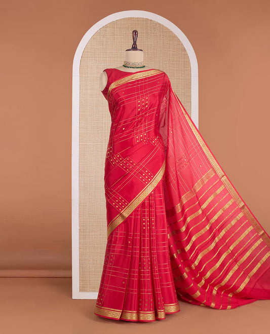 Red zari buttas and checked Mysore silk saree, traditional zari design border, and zari design pallu