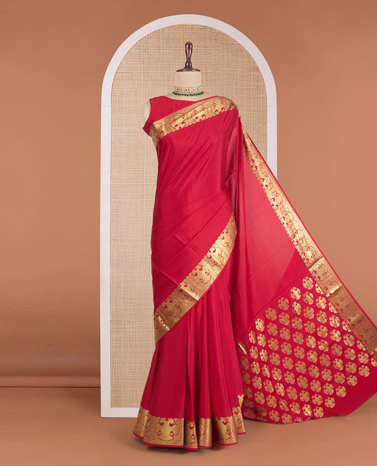 Red floral zari buttas Mysore silk saree, contrast traditional zari design border, and jaal pallu