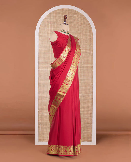 Red floral zari buttas Mysore silk saree, contrast traditional zari design border, and jaal pallu